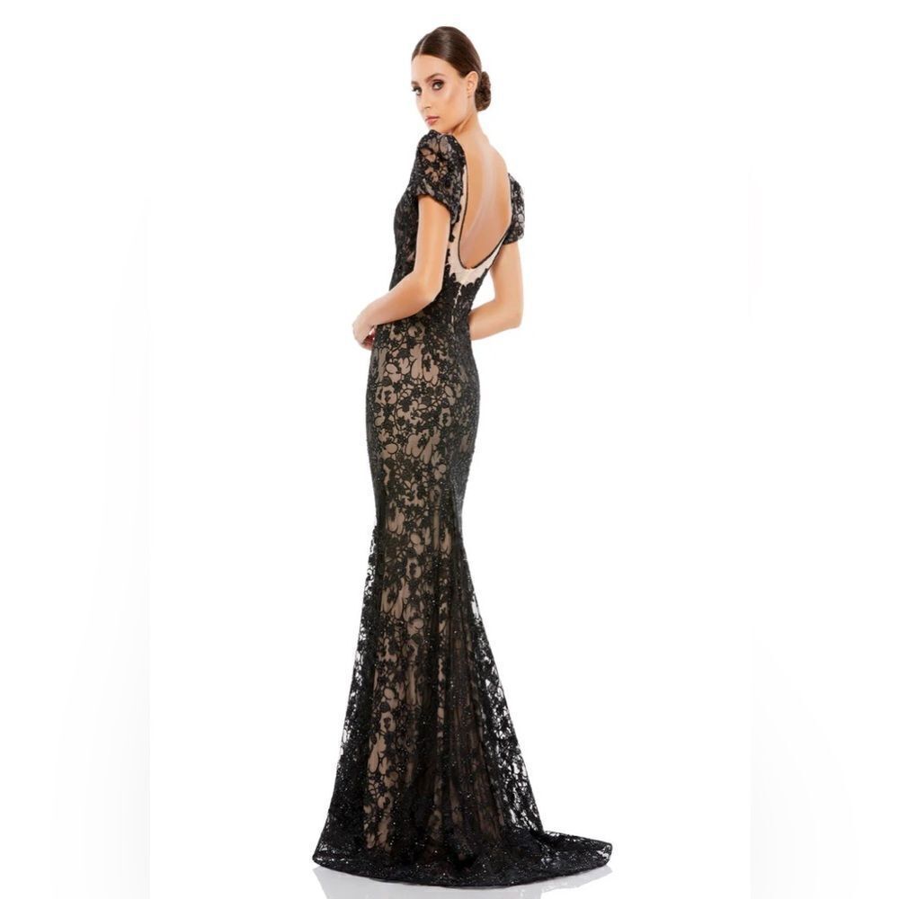 NEW MAC DUGGAL LACE PLUNGE NECK SHORT PUFF SLEEVE TRUMPET GOWN Sz 12 $698 - Picture 2 of 4